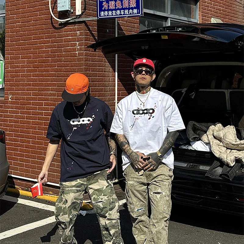 白鹤大人重磅小领口彩色刺绣泼墨T恤男宽松休闲情侣款短袖打底衫