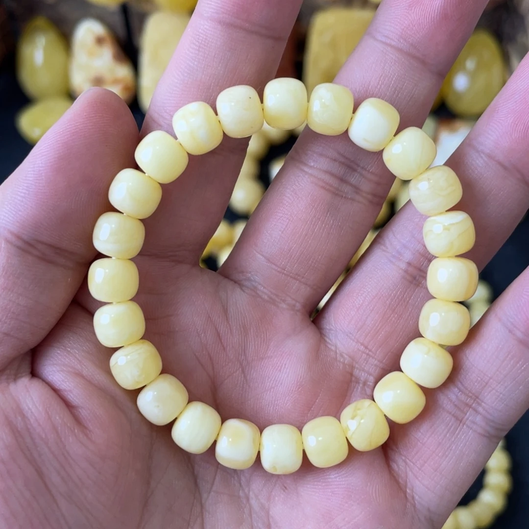 琥珀未镶嵌手串8+俄料浓白花蜡精工老型手串（微瑕）