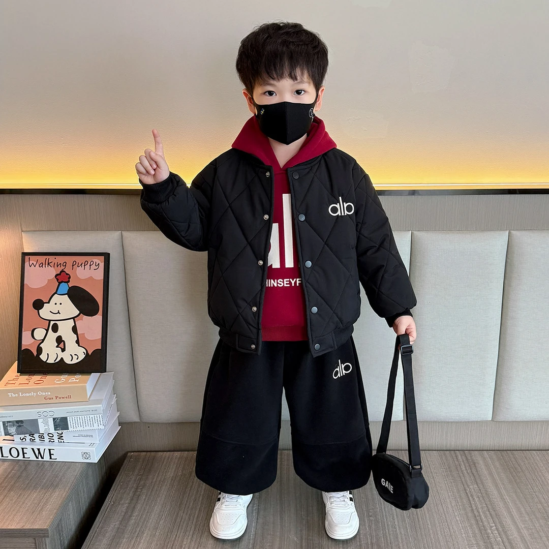 男童夹棉棒球服外套秋冬装2025新款洋气宝宝冬季加绒卫衣三件套潮