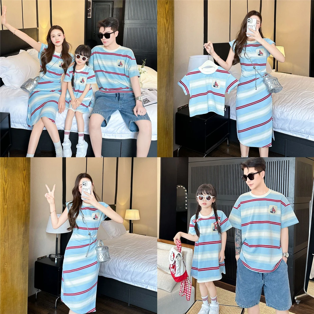 ins炸街亲子装夏条纹短袖T恤韩版洋气宽松休闲一家三四口全家户外