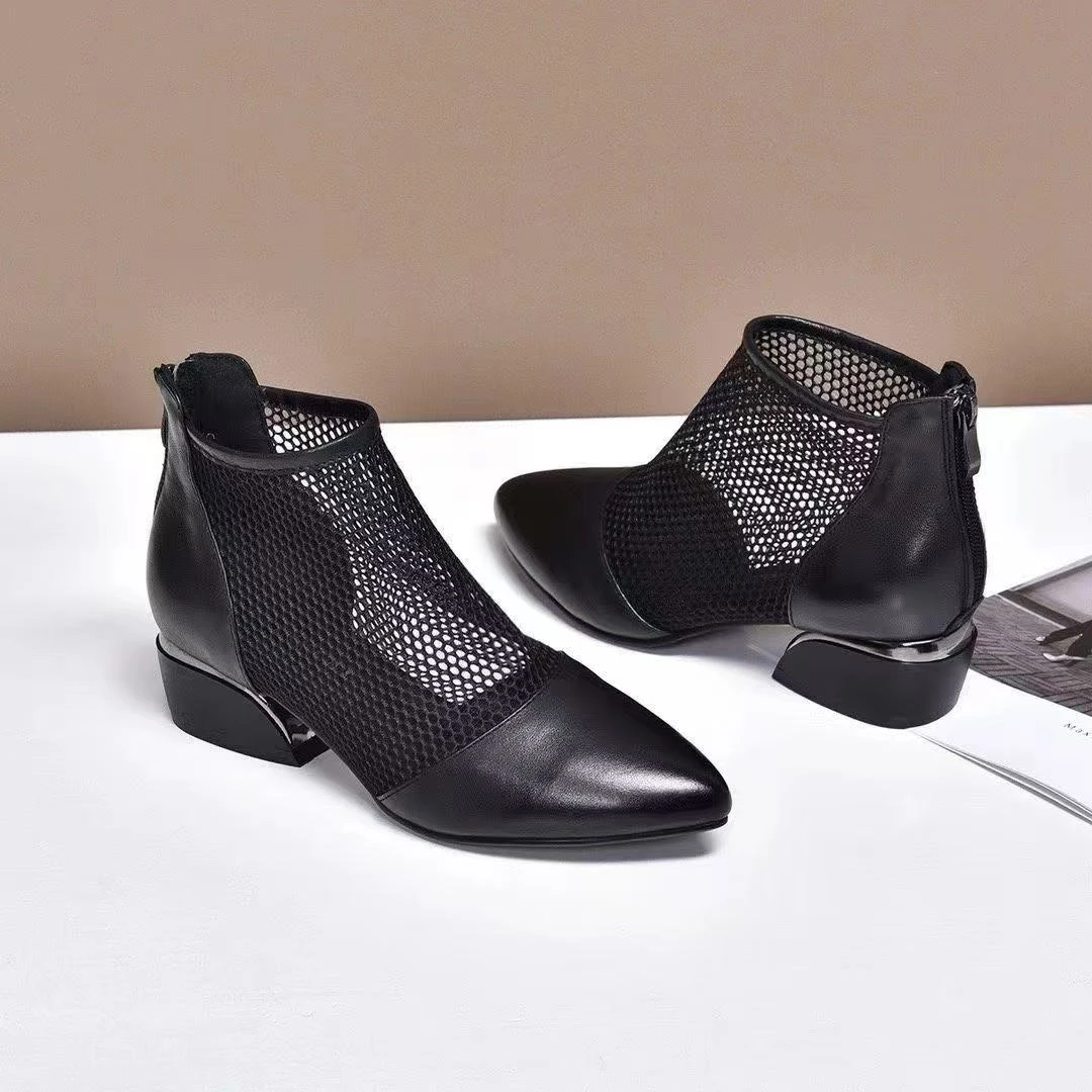 2025夏季爆款网纱凉鞋女低跟春夏新款粗跟镂空单鞋尖头凉鞋