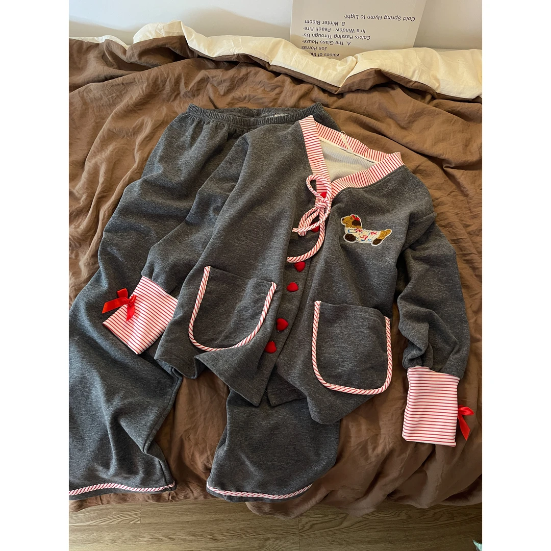 秋冬韩系撞色条纹假两件开衫德绒睡衣女拼接休闲保暖可外穿家居服