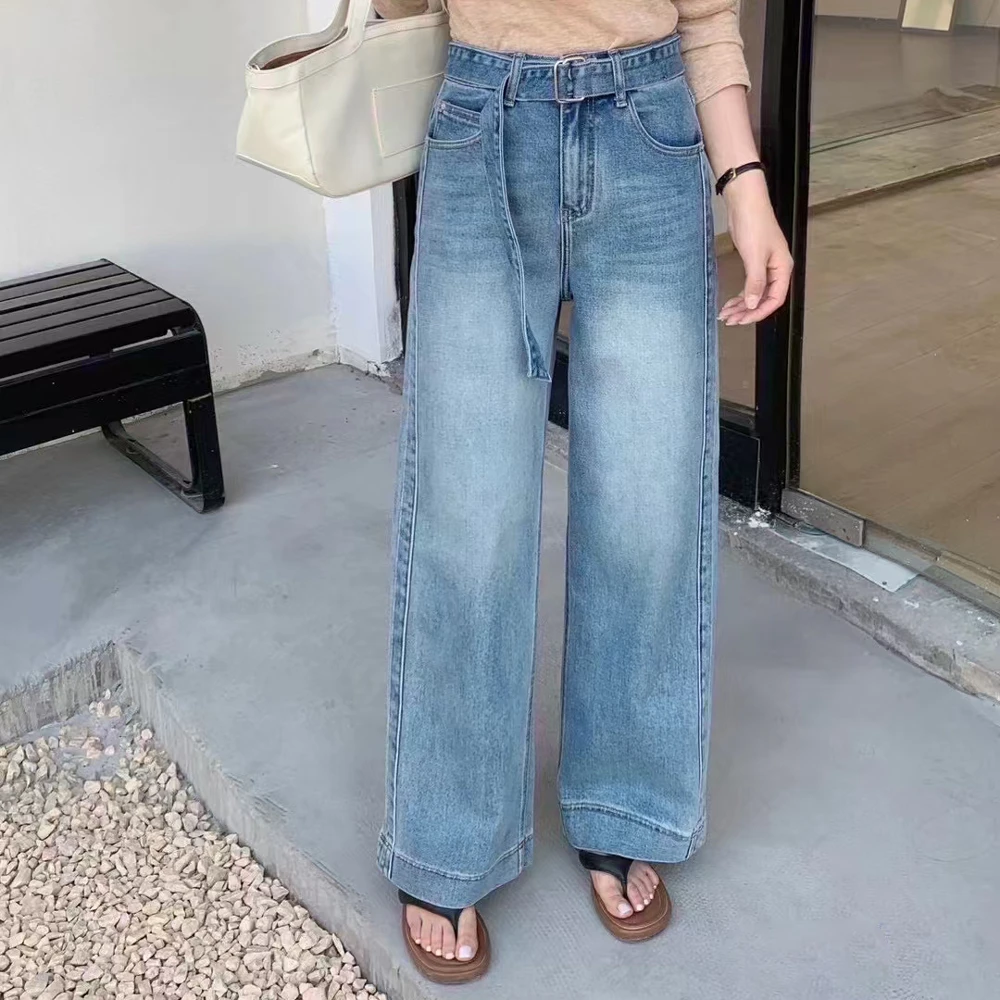 裤子时尚复古薄款百搭阔腿裤宽松直筒裤高腰牛仔裤老爹裤春季2654