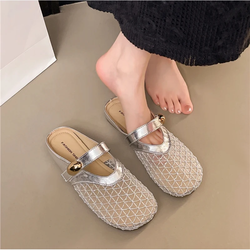 夏季新款外穿镂空小金豆透气法式包头半拖女鞋时尚一脚蹬懒人鞋