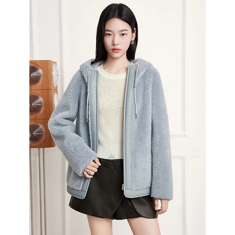 Goodland美地女装2025冬季新款羊剪绒羊毛连帽保暖外套LC35510320