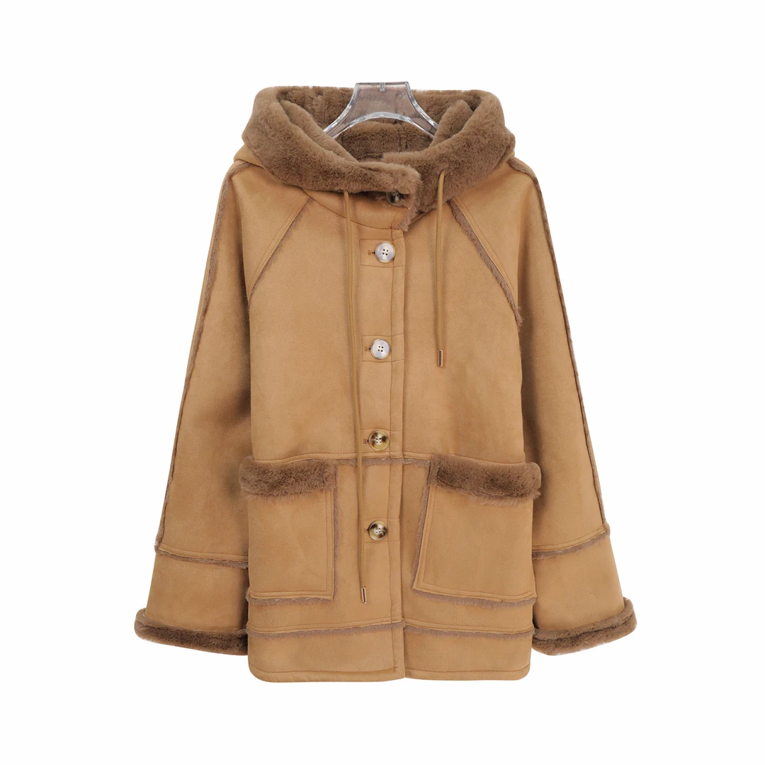 连帽毛毛加厚美拉德拼接气质撞色外套X27910