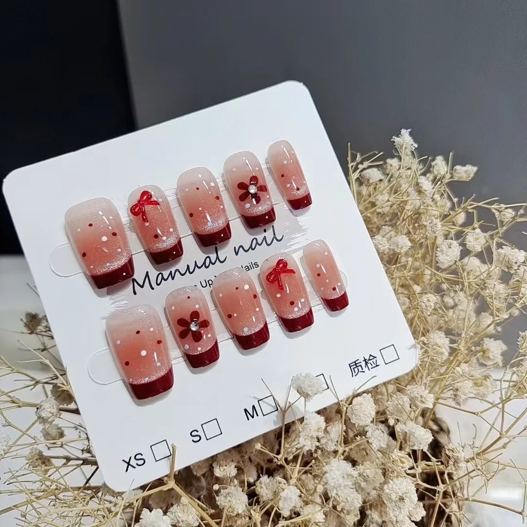 显白红色法式猫眼蝴蝶结爆闪美甲穿戴甲抖音指甲贴片甲片款式
