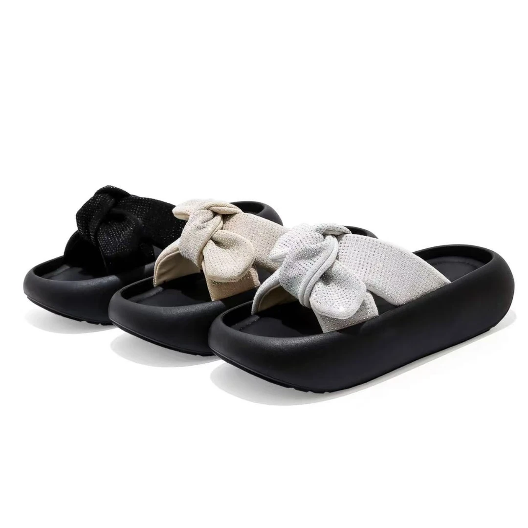 蝴蝶结水钻一字型平跟夏季一字拖时尚凉拖鞋厚底女士交叉坡跟