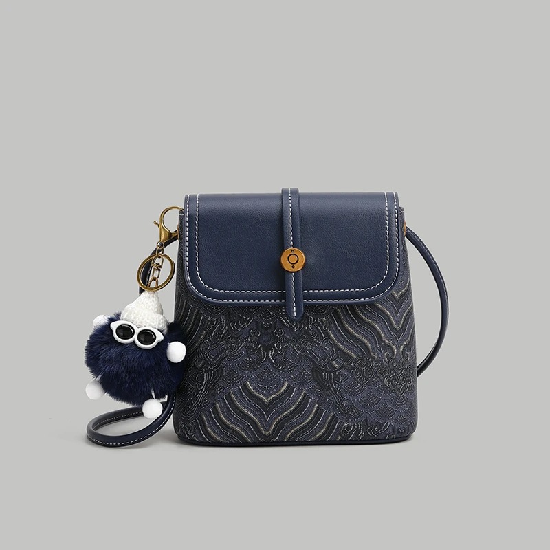 蓝色国风花纹水桶包时尚百搭2024新款包包60009-13