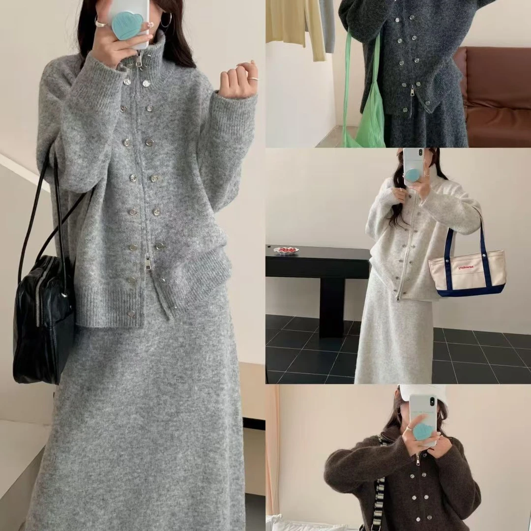 Y4694#11.20秋冬新款休闲宽松时尚拉链双排扣毛衣+半身裙孕妇套装