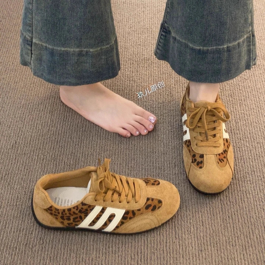 高级感豹纹德训鞋女2025秋季复古女鞋百搭软底板鞋时尚平底休闲鞋