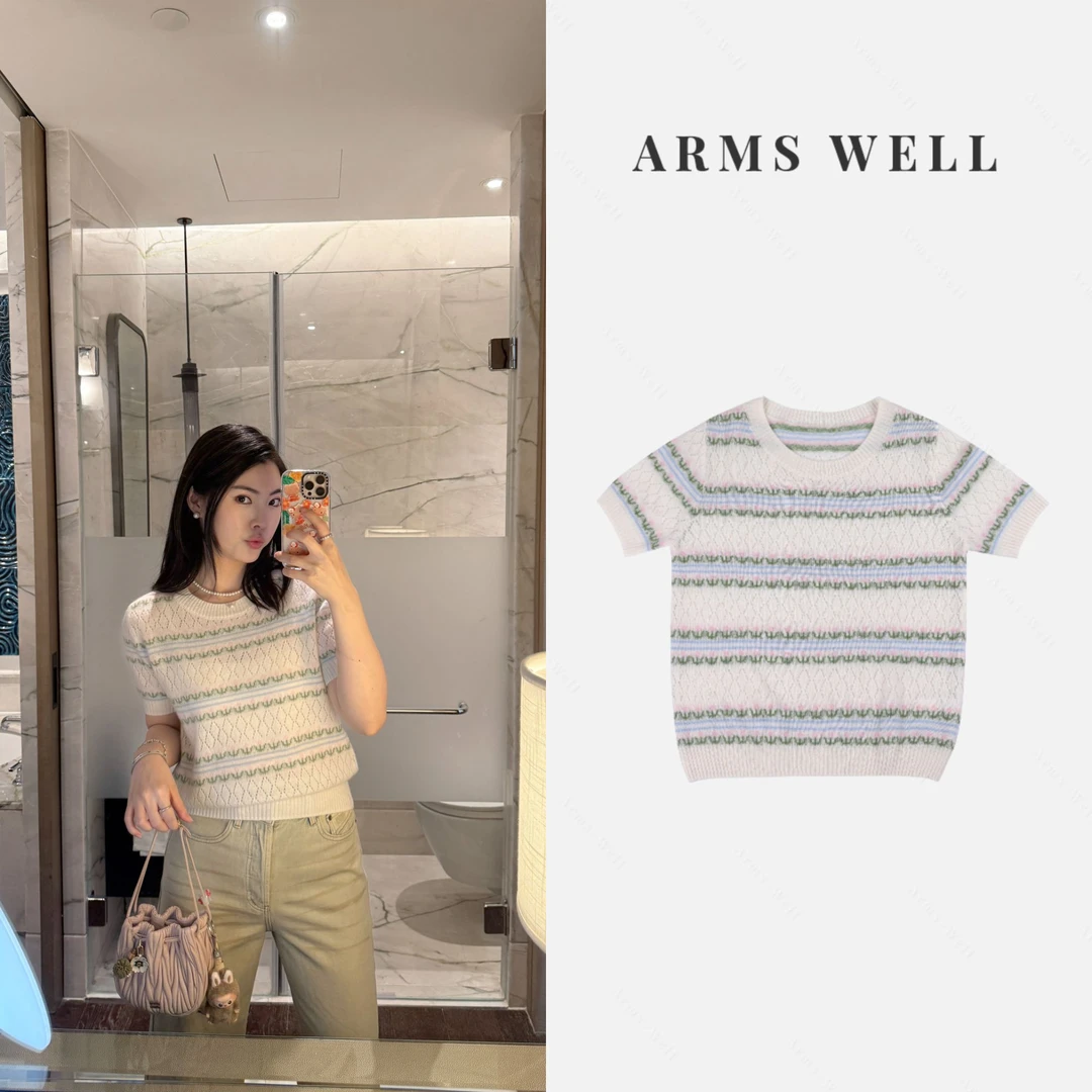 ARMS WELL王囡囡 白色圆领绵羊毛山羊绒短袖上衣 S140