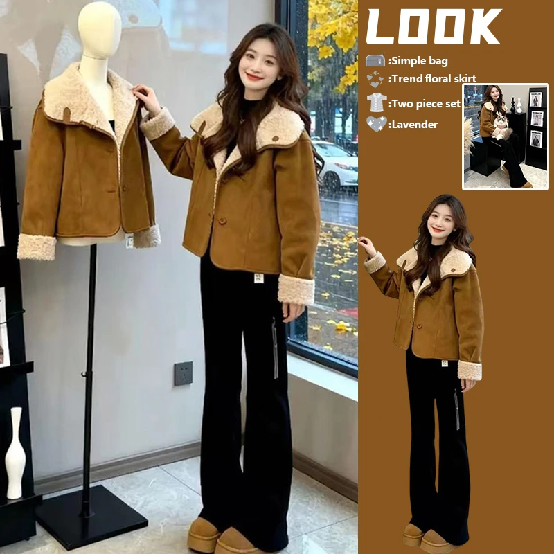 盐系轻熟两件套装2025冬季新款英伦风宽松保暖短外套高腰休闲裤潮