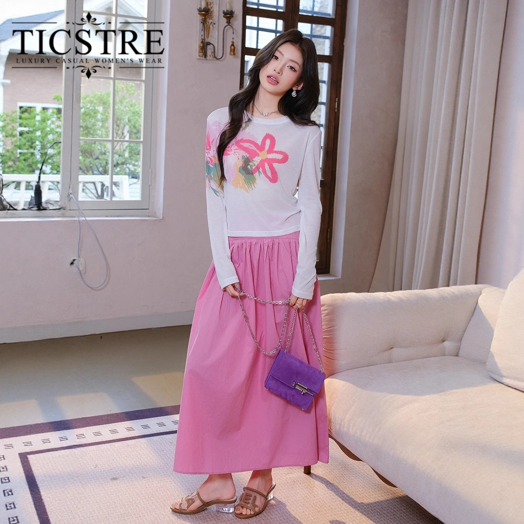 TICSTRE巨好看减龄一整套女花朵长袖T恤粉色半身裙两件套装早秋