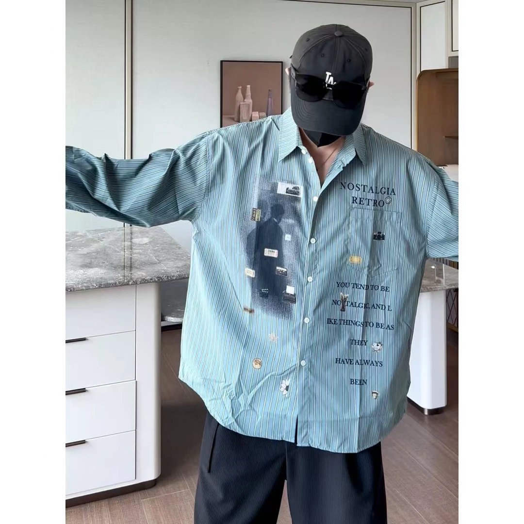 大圣圣 韩系宽松廓形人物字母印花竖条纹长袖衬衫男TOA 31213