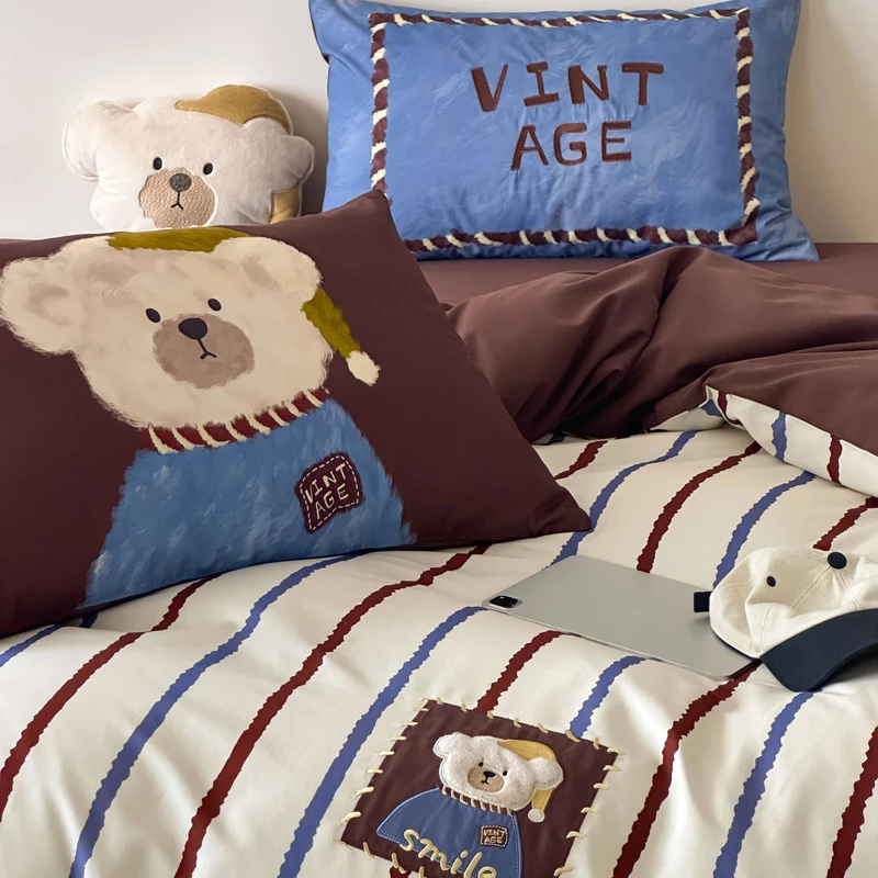 安克拉熊 可爱风卡通高支磨毛四件套全棉纯棉秋冬加厚被套床品