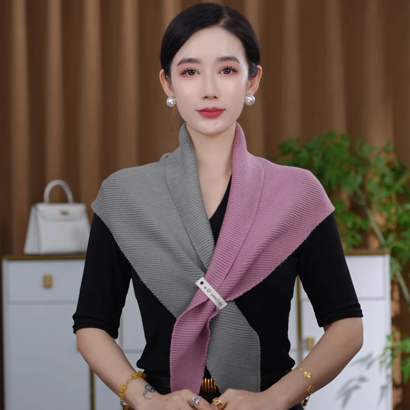 秋季新款时尚百搭女士双色拼接针织三角巾薄款丝巾双面春秋外搭