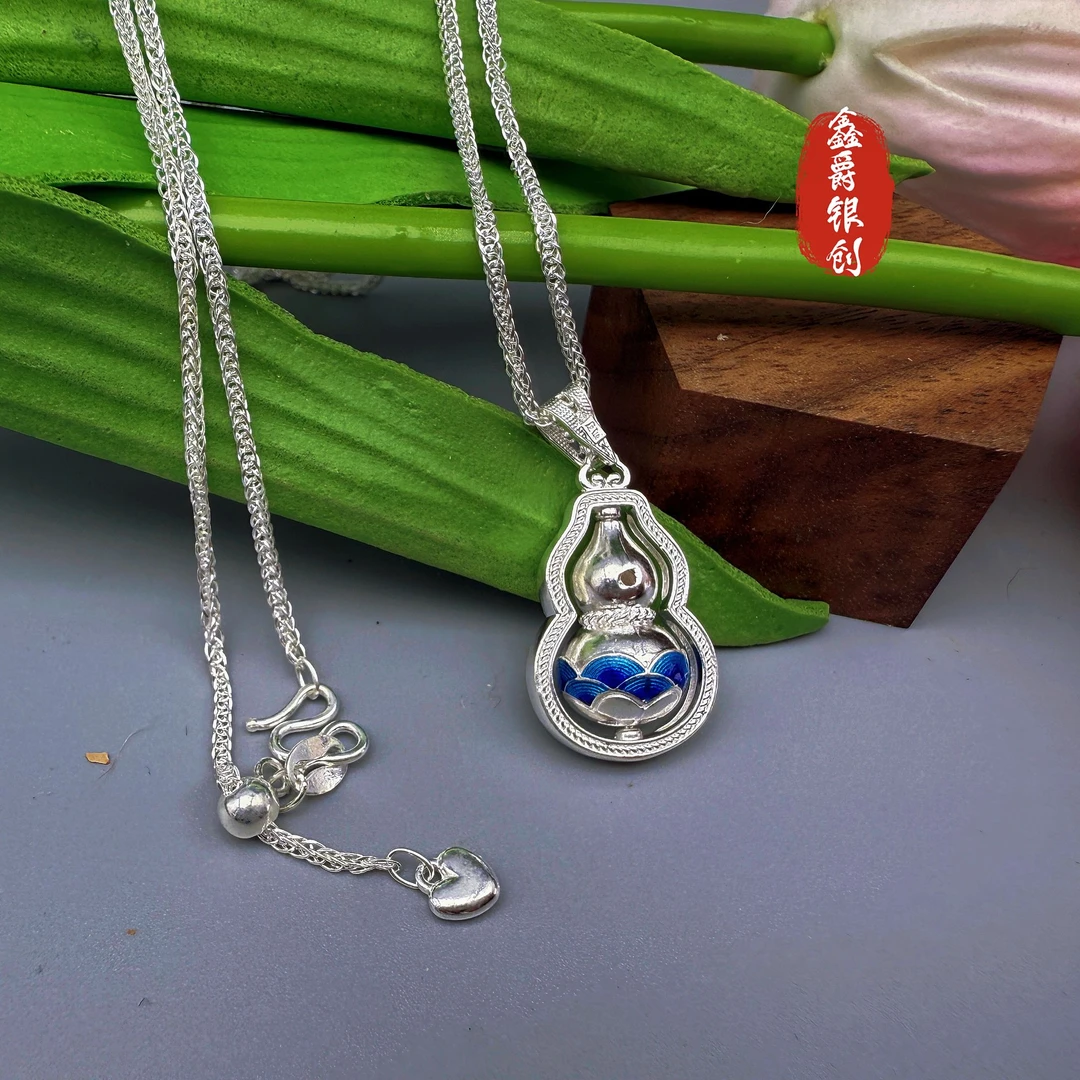 坠链均足银 珐琅彩葫芦套链【鑫爵银创】足银熟银手工非遗工艺