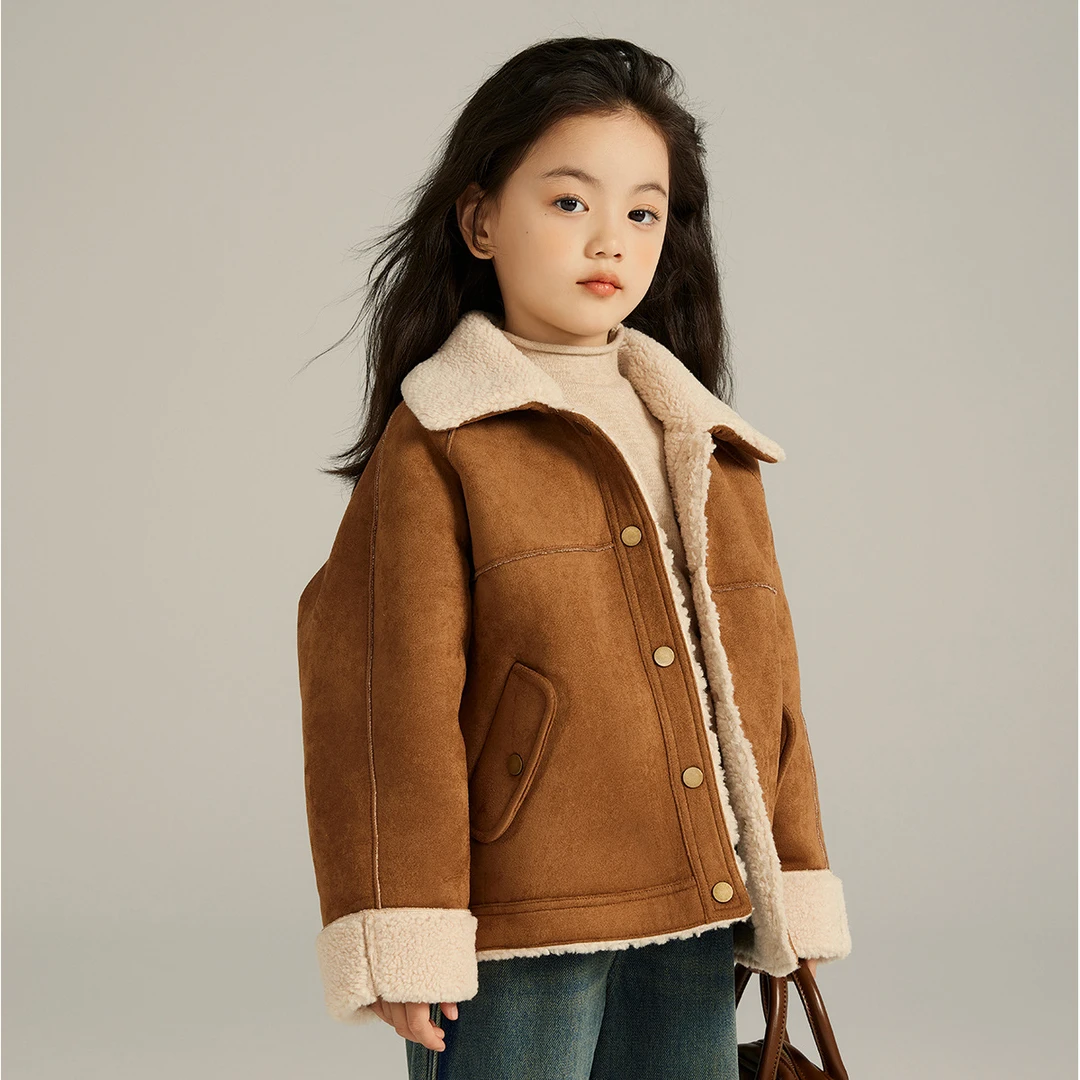 女童毛呢外套加绒加厚一体绒小女孩短款呢大衣时髦洋气上衣中大童