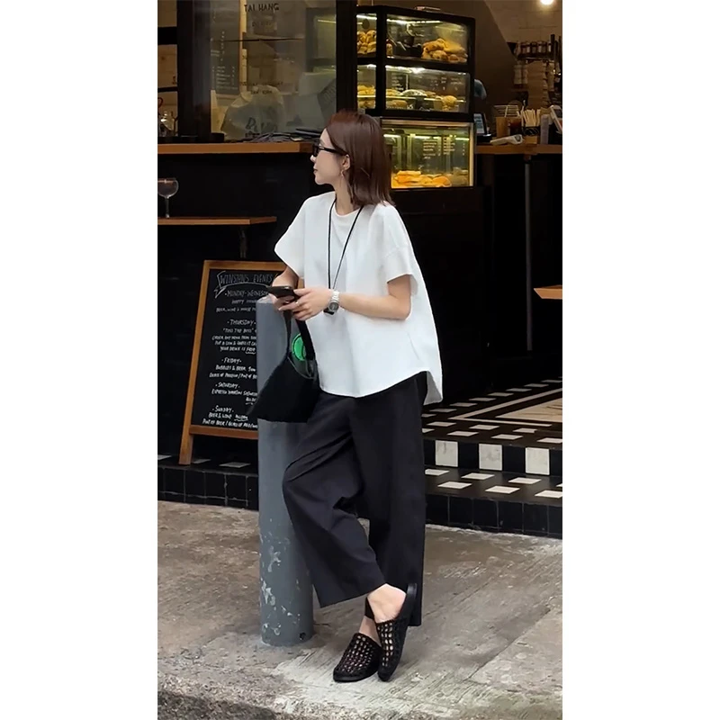夏季减龄时尚套装女百搭宽松纯色显瘦短袖T恤显瘦阔腿裤两件套