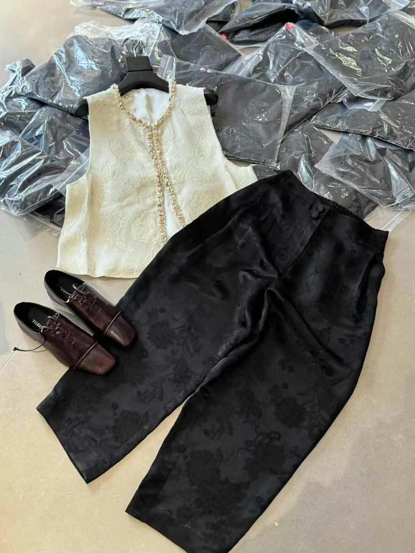 新款提花设计休闲裤宽松显瘦九分裤垂感百搭薄款