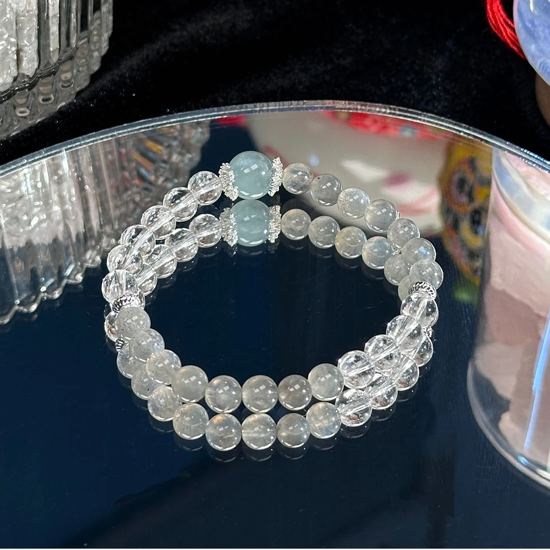 xy159 灰蓝月光白水晶14k隔珠海蓝宝灰月光百搭手串