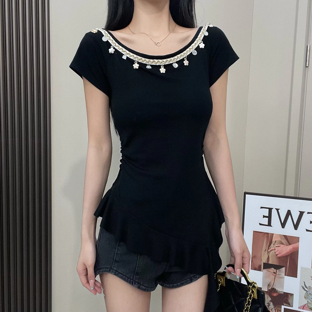 五角星贝壳设计感不规则上衣女夏款斜领露肩短袖T恤