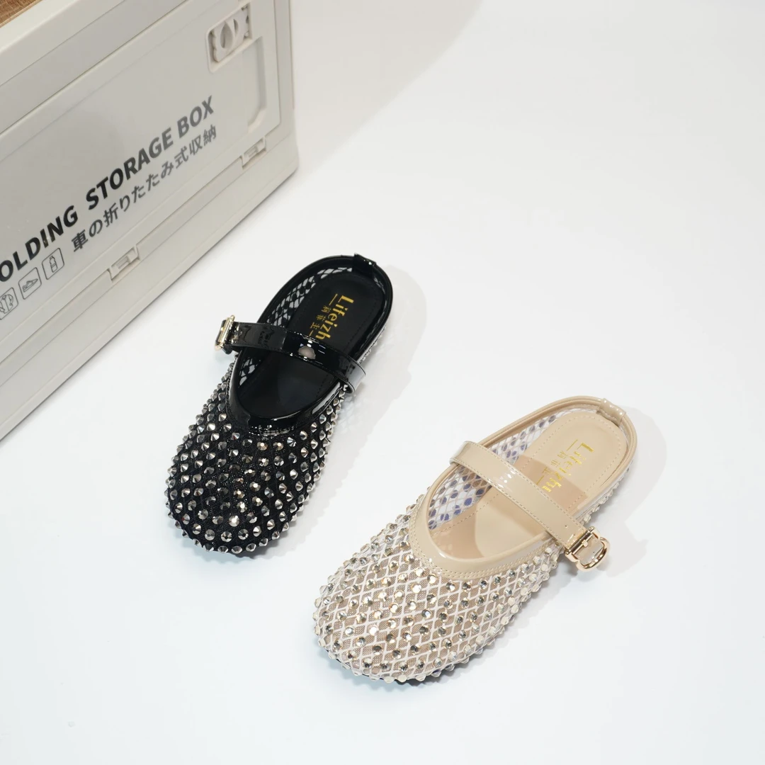 1855 夏季小香风包拖鞋女时尚舒适软底水钻网面搭扣休闲平底拖鞋