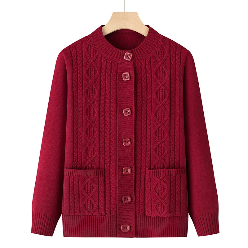 妈妈装时尚春季宽松针织开衫外搭中年长袖外套上衣老年人红色毛衣