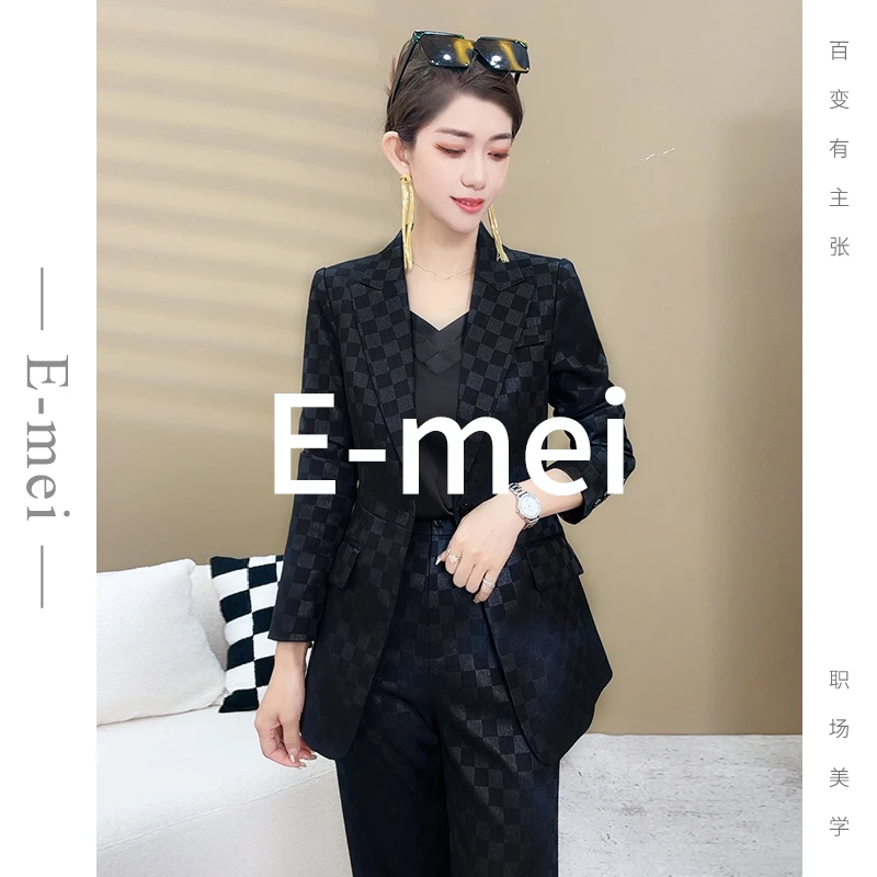 【伊美轻奢】2025春季黑色棋盘格显瘦休闲通勤套装气质时尚外套
