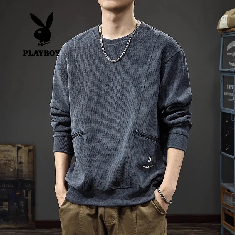 PLAYBOY/花花公子秋季美式工装拉链口袋男士卫衣复古重磅宽松圆领