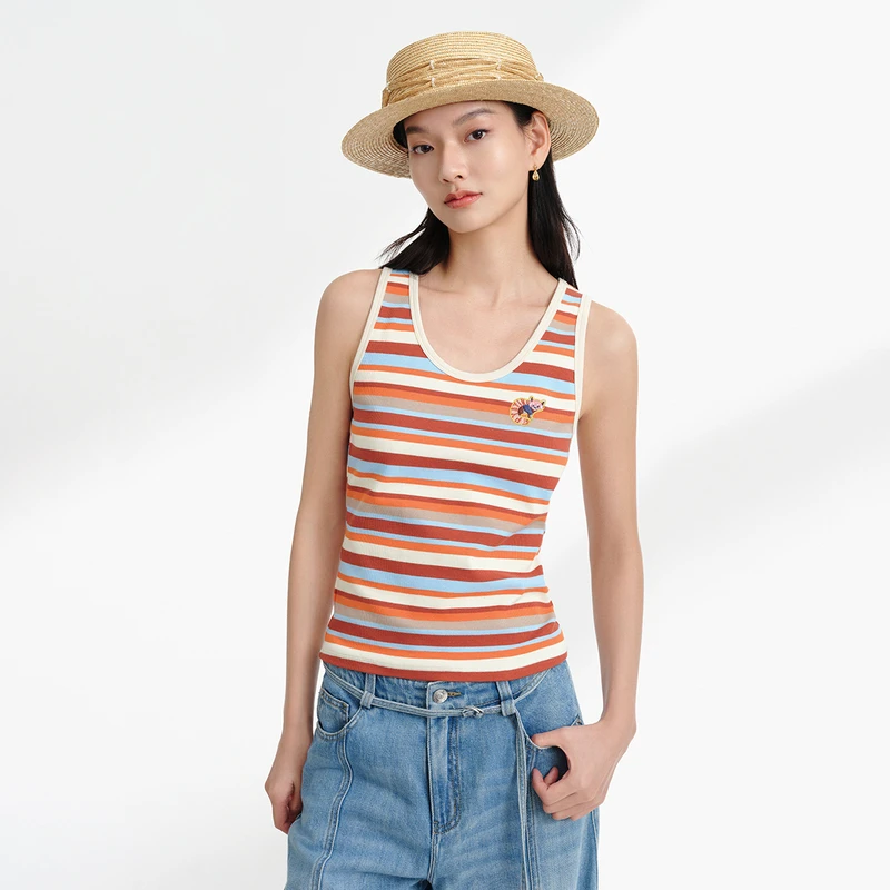 EP雅莹2025夏季新款女装 高支棉感刺绣条纹圆领背心无袖上衣5109A