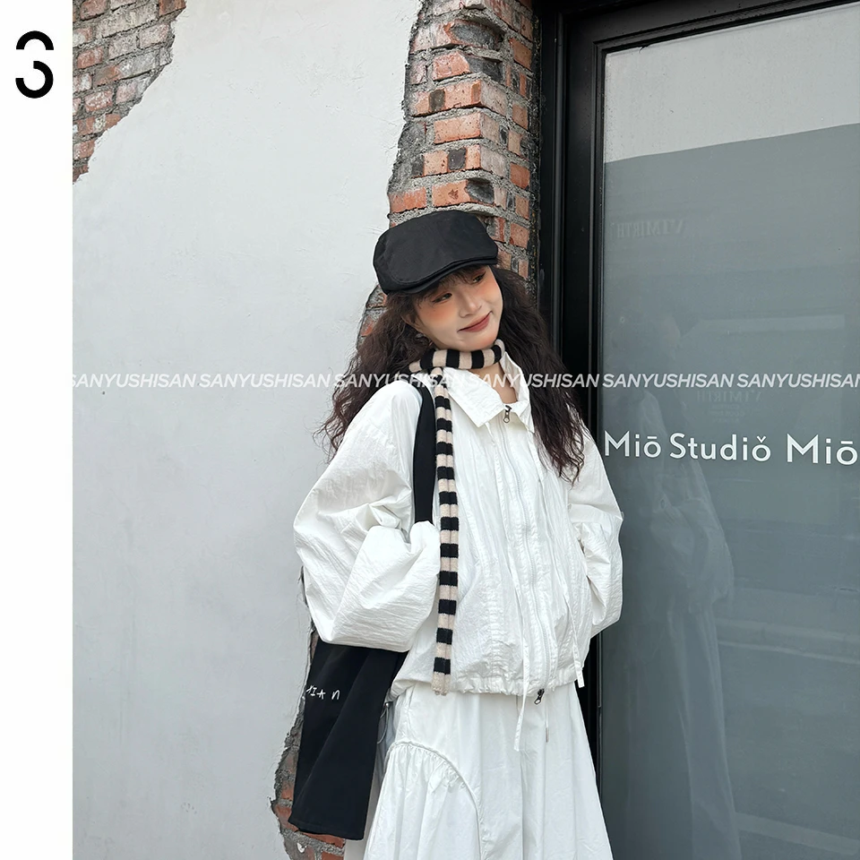 三与十三|街头素描|韩系高级简约翻领抽绳双拉链休闲百搭短外套-2