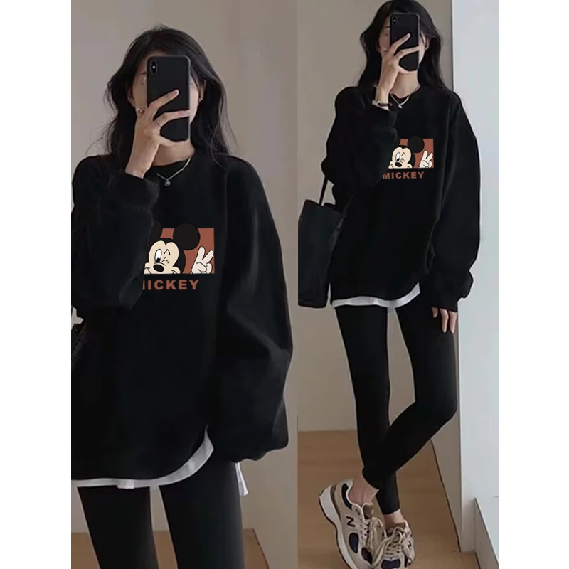 假两件圆领卫衣女2025秋冬新款宽松中长款遮屁股加绒加厚拼接上衣