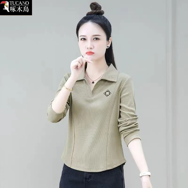 啄木鸟正品春秋内搭长袖打底上衣女修身显瘦新款休闲刺绣翻领T恤