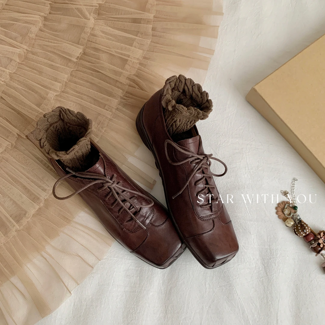 【STAR】文艺复古方头系带英伦风百搭通勤芭蕾风深口乐福鞋3cm