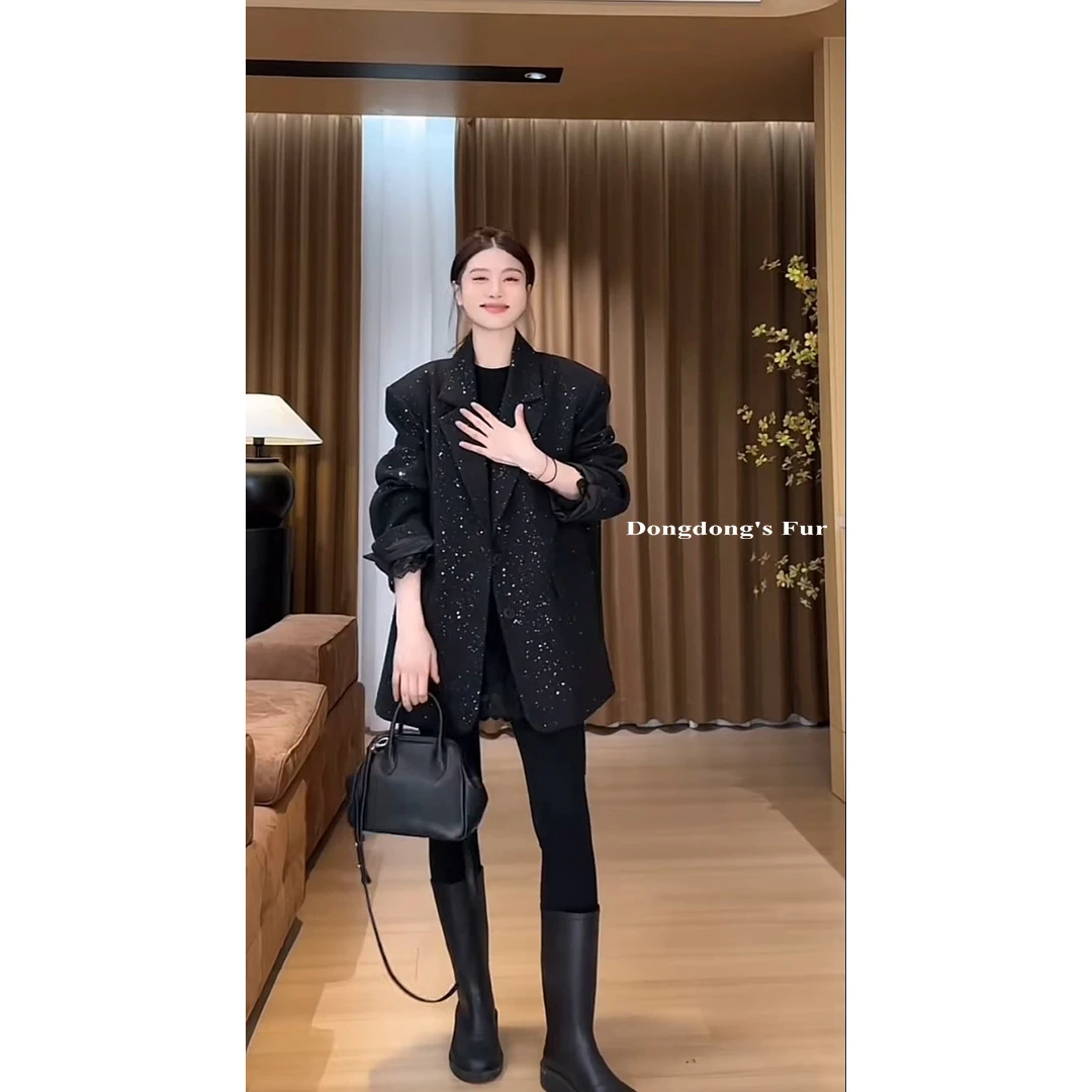 西装高级感黑色亮闪闪宽松显瘦法式气质烫金亮片