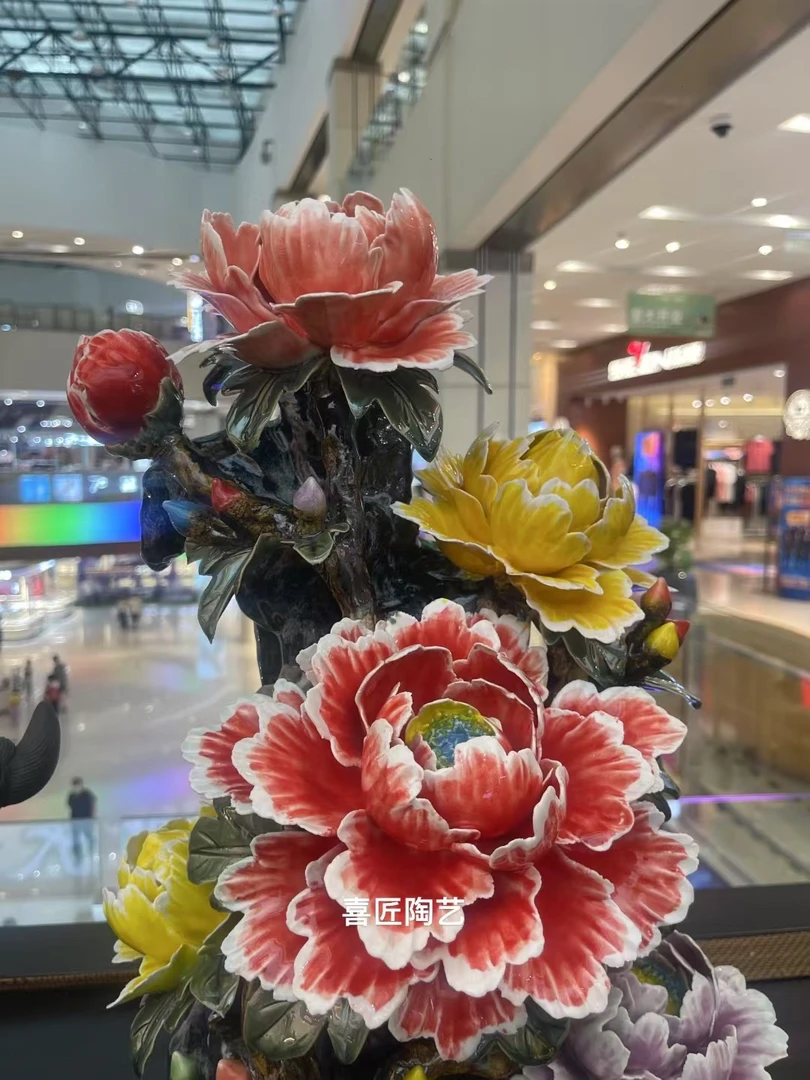 石湾陶瓷牡丹花摆件家用工艺品新中式风格客厅玄关创意家居装饰品