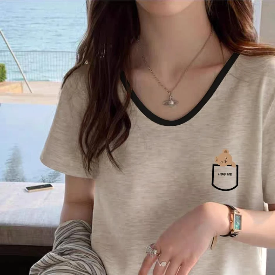 米灰色撞色内搭2025夏季新款纯棉V领短袖t恤女美式复古百搭上衣潮