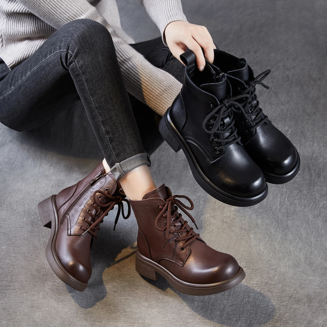 头层牛皮马丁靴女英伦风2025新款秋季百搭粗跟厚底短靴子真皮时尚