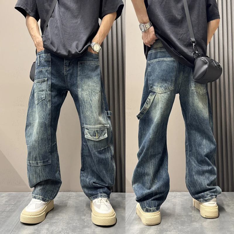 美式复古拼接工装牛仔裤男秋季潮流高街设计感宽松直筒阔腿弯刀裤