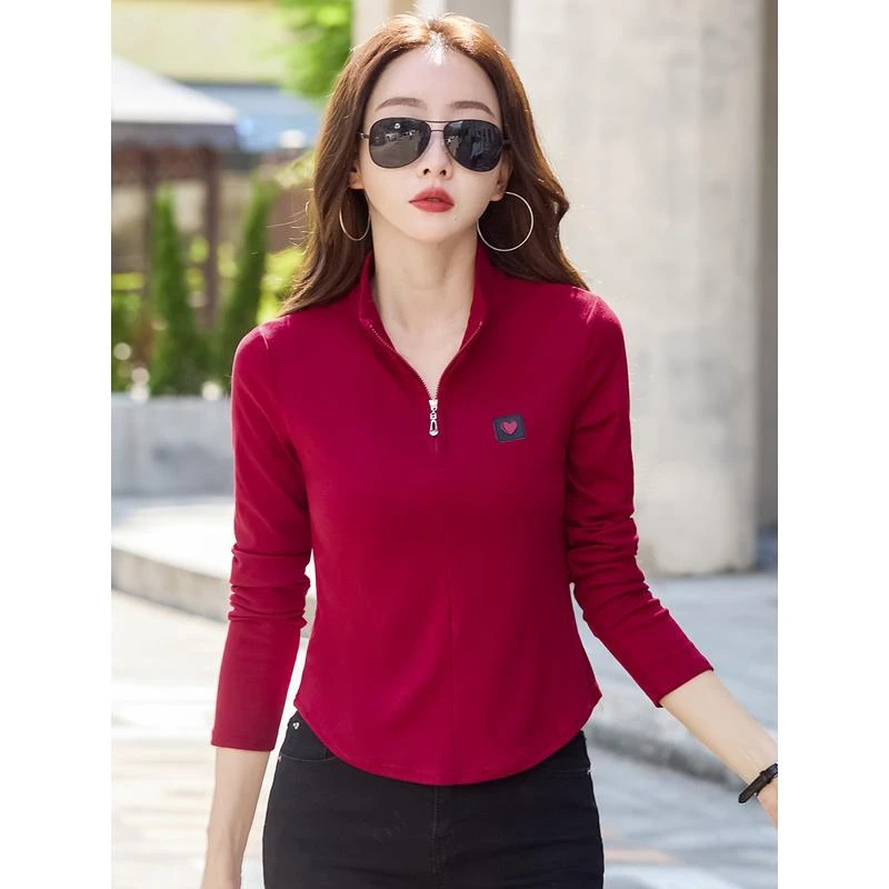 95棉翻领拉链长袖t恤女春秋2025新款打底衫弧形下摆体恤早秋