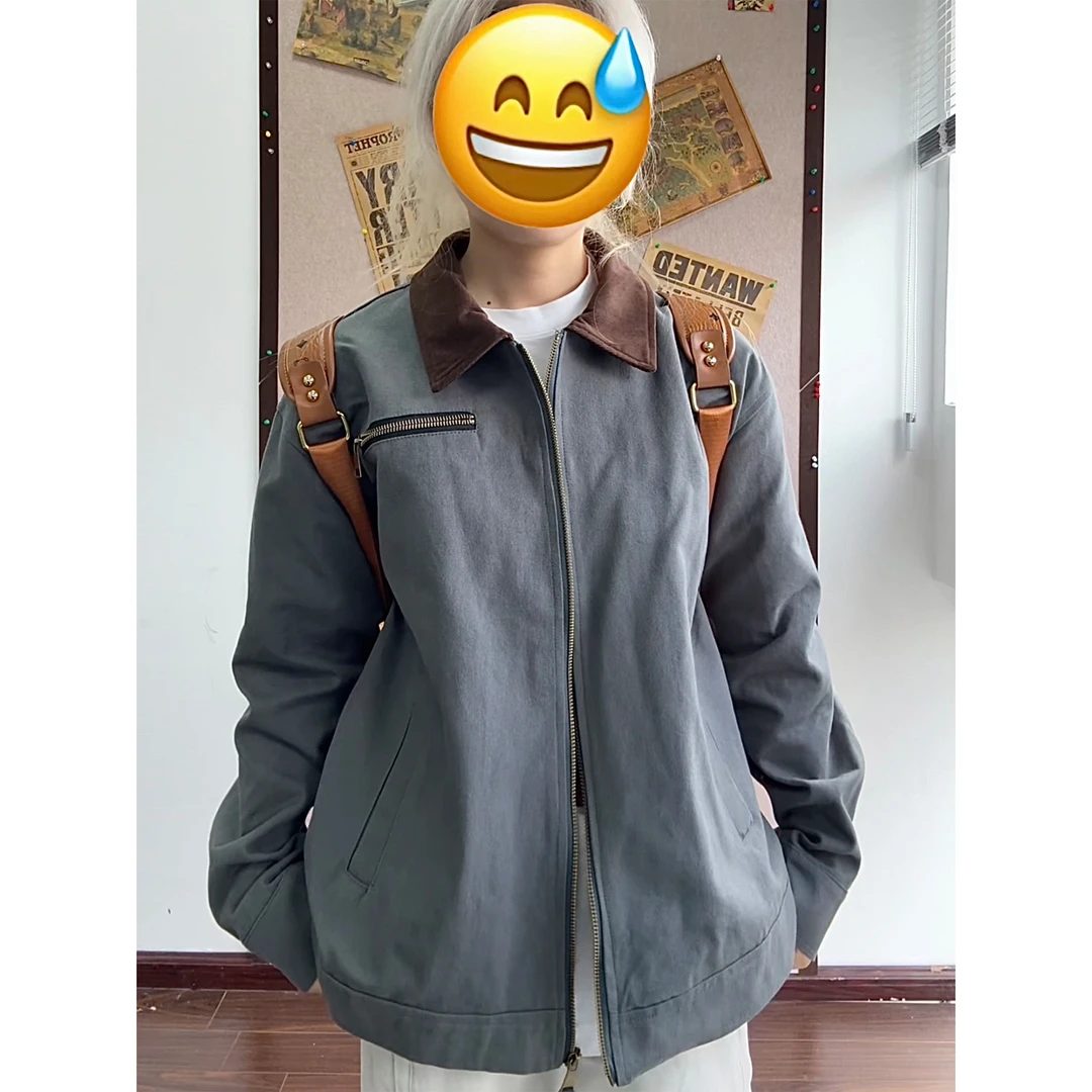 vintage美式底特律工装夹克男款秋季翻领棒球服水洗帆布正肩外套