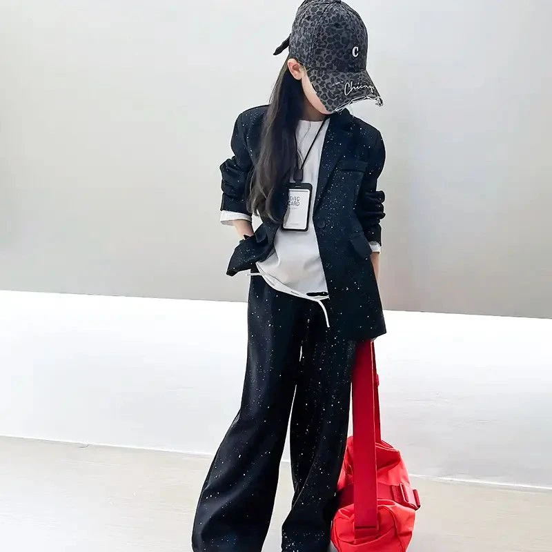 女童撒银春装套装2025新款中大童春秋洋气西服儿童街舞两件套
