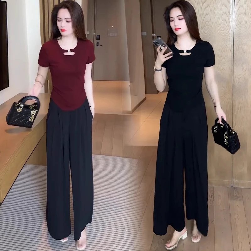 时尚套装女2025夏季新款洋气显瘦设计感短袖T恤阔腿裤减龄两件套