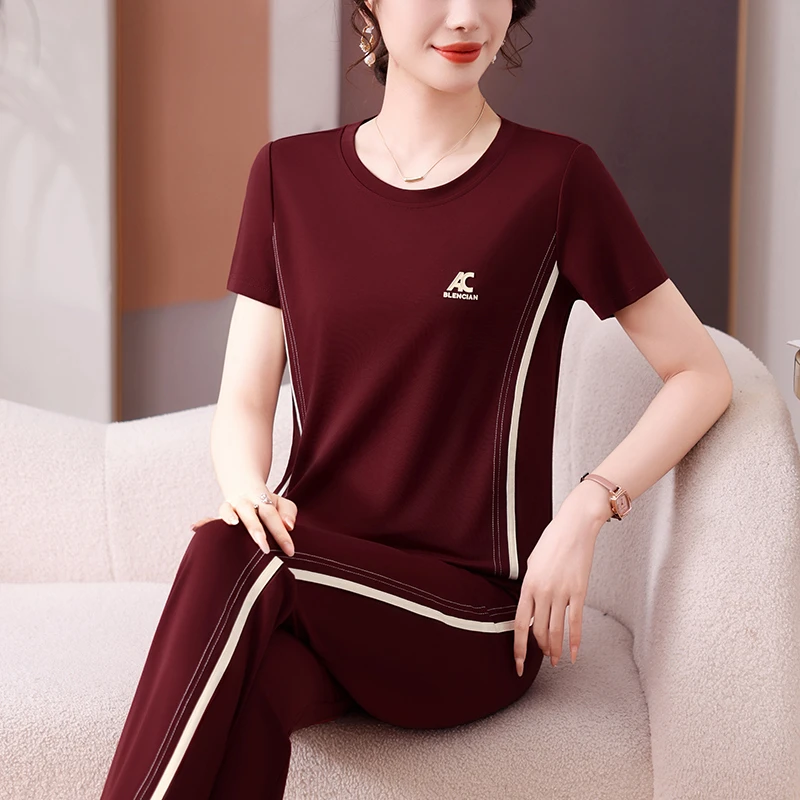 休闲运动套装女夏季2025新款减龄显瘦洋气妈妈短袖长裤跑步两件套