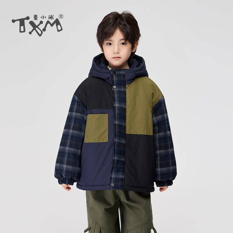男童加厚棉衣格子拼接连帽中大童冬装外套儿童夹棉棉服保暖棉袄