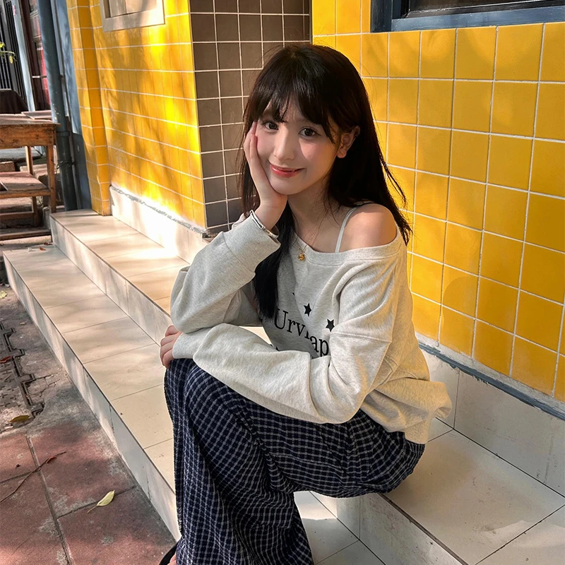 美式复古设计感斜肩卫衣女2025早秋穿搭字母星星印花长袖宽松上衣