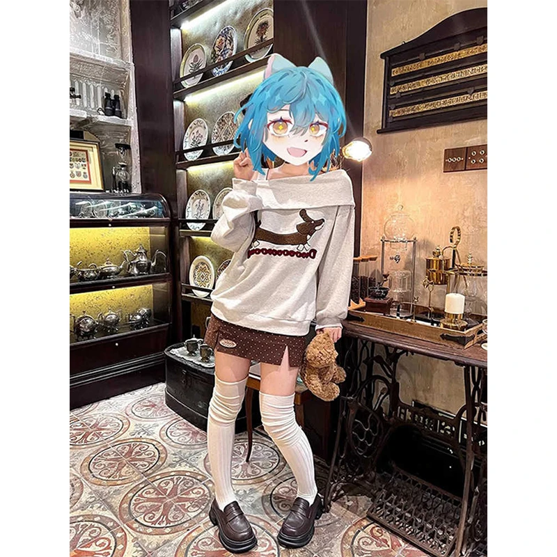 韩系慵懒风初秋穿搭斜肩卫衣女新款oversiz宽松显瘦百搭套头上衣