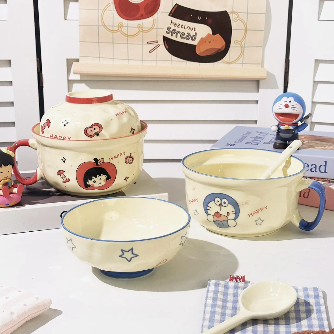 【卡通系列】泡面碗4件套家用釉下彩陶瓷叮当猫樱桃小丸子泡面碗